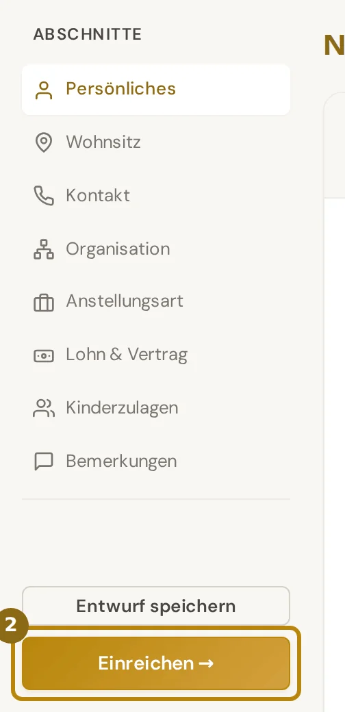 Liste der Abschnitte links in der Erfassungsmaske mit den Knöpfen Entwurf speichern und Einreichen, markiert ist Einreichen