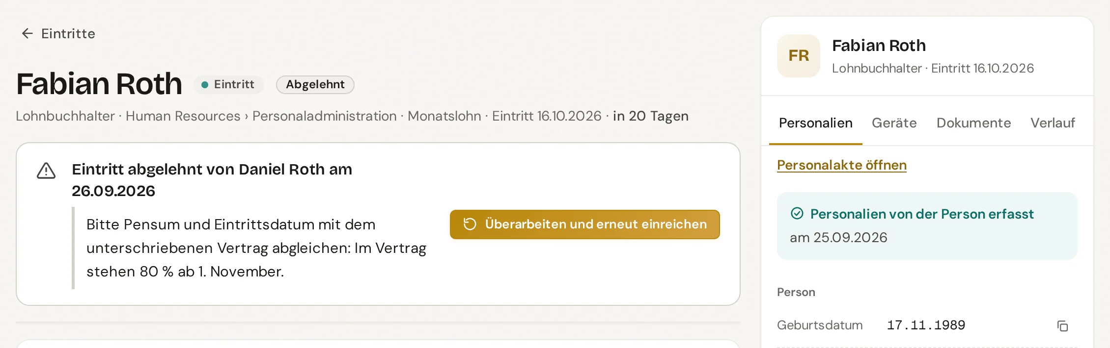 Abgelehnter Eintritt aus Sicht der Fachleitung, mit dem Grund der Ablehnung und dem Knopf Überarbeiten und erneut einreichen