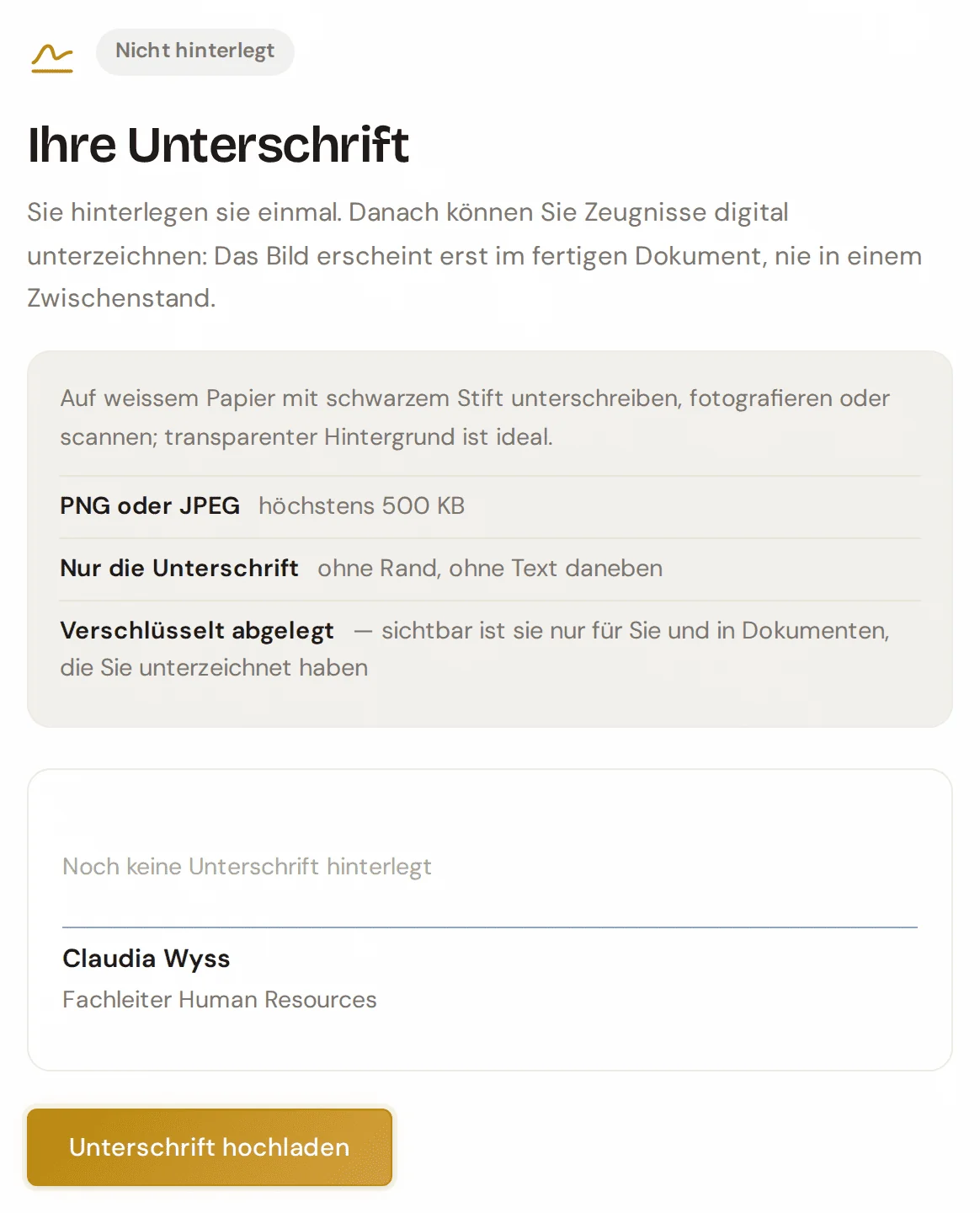 Seite Ihre Unterschrift mit den Hinweisen zu Format und Grösse und dem Knopf Unterschrift hochladen