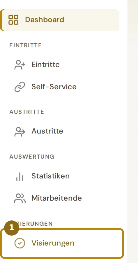 Seitenleiste einer Bereichsleitung mit Dashboard und darunter dem markierten Eintrag Visierungen