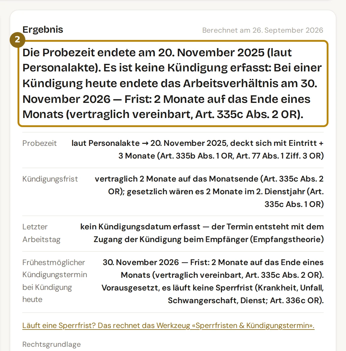 Ergebnis des Werkzeugs Probezeit und Kündigungsfrist mit dem Ergebnissatz und den Rechnungsschritten, markiert ist der Satz