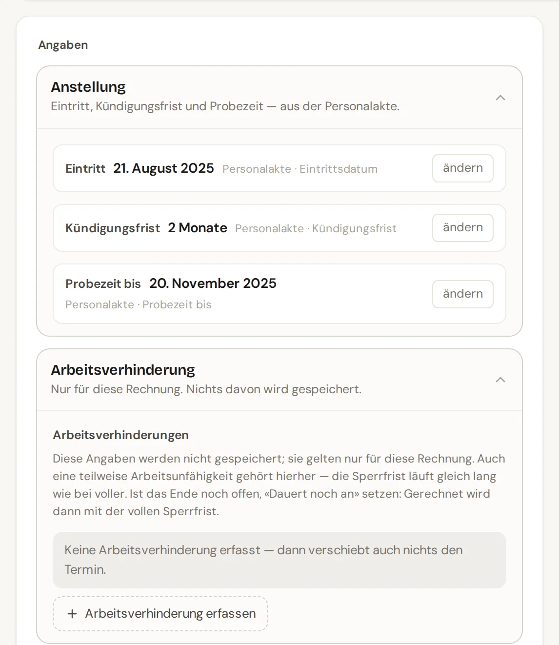 Angaben des Werkzeugs Sperrfristen und Kündigungstermin mit den Schritten Anstellung, Arbeitsverhinderung und Kündigung, markiert ist die Frage Was möchten Sie wissen