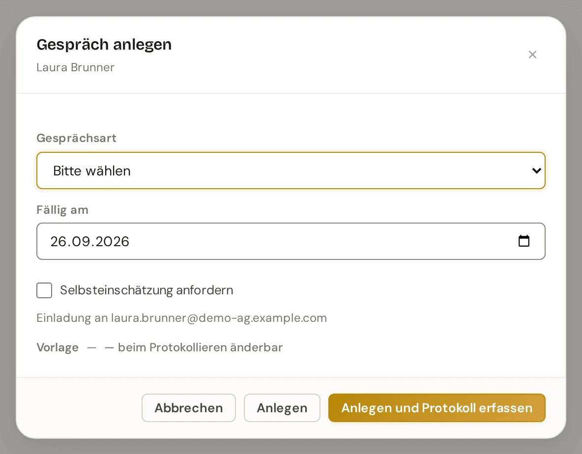 Fenster Gespräch anlegen mit Gesprächsart, Fällig am, Selbsteinschätzung und den Knöpfen Anlegen und Anlegen und Protokoll erfassen
