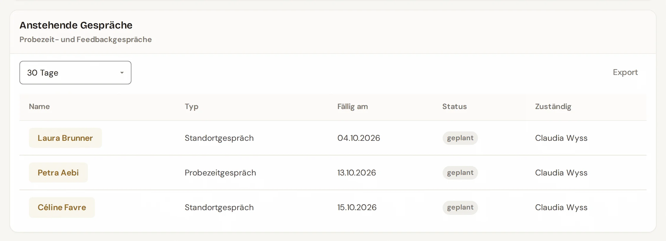 Karte Anstehende Gespräche im HR-Dashboard mit Zeitraum und Knopf Export