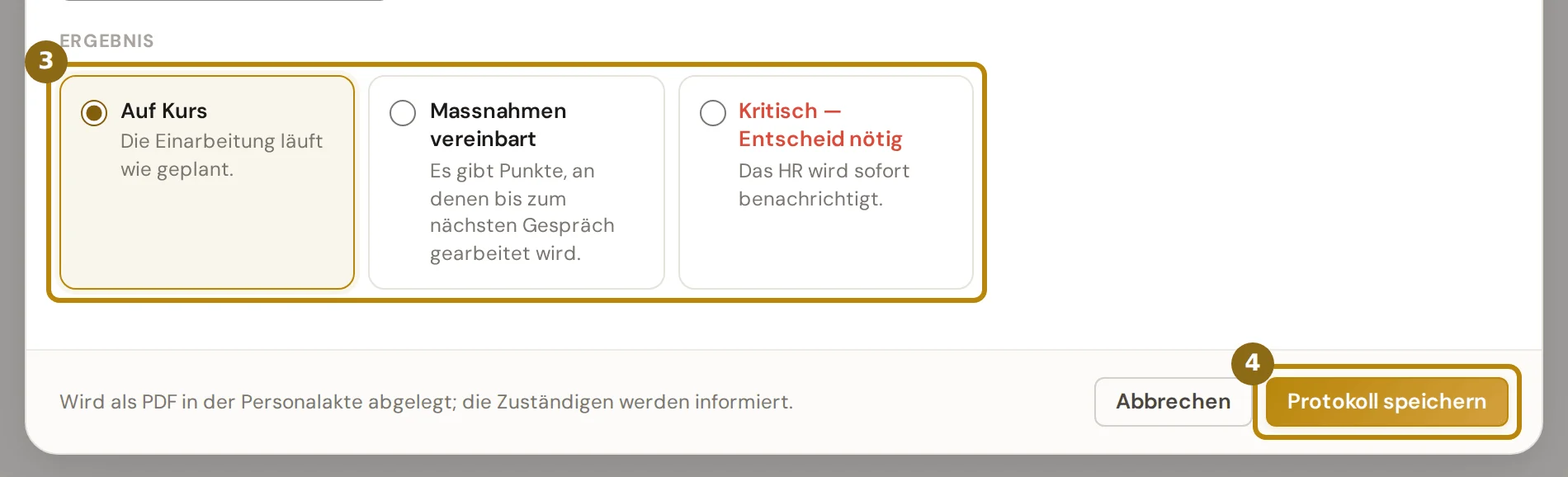 Unterer Teil des Protokolls mit dem gewählten Ergebnis Auf Kurs und dem Knopf Protokoll speichern, beide markiert