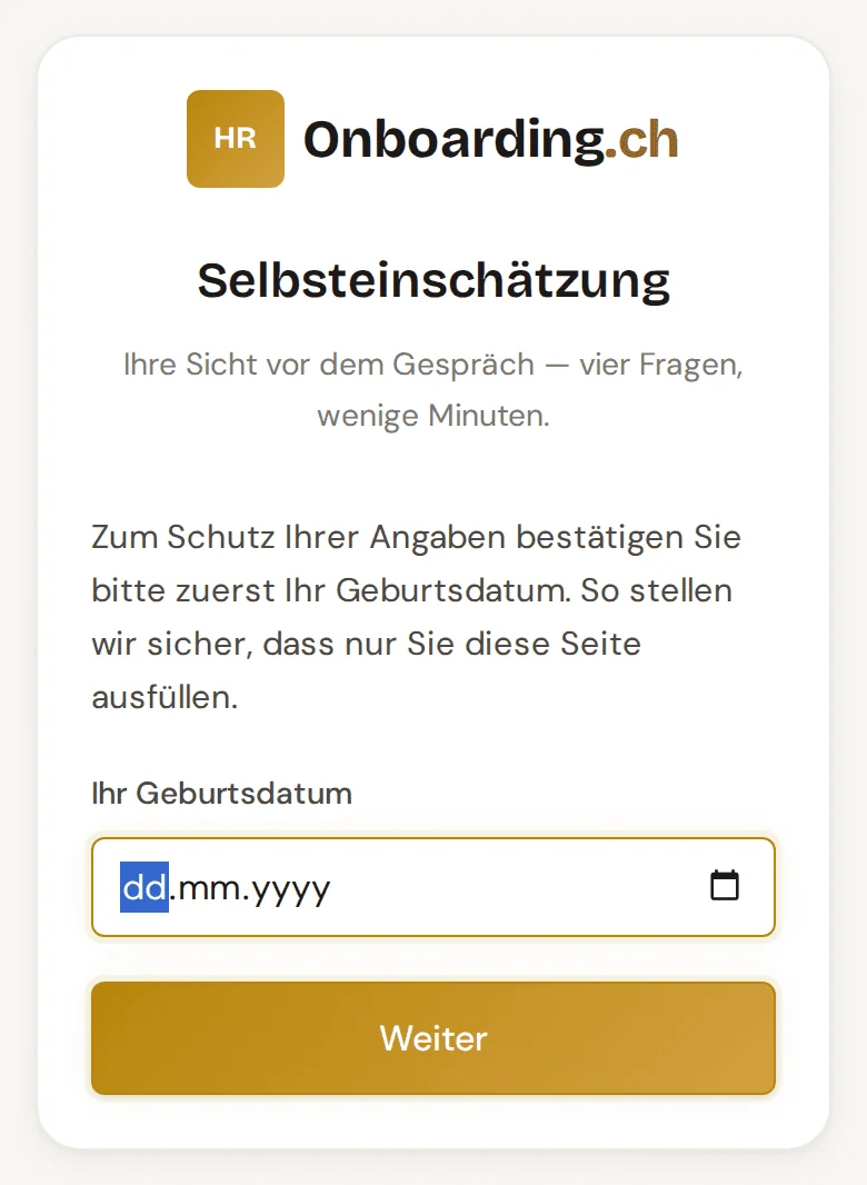 Seite Selbsteinschätzung auf dem Handy mit dem ersten Schritt, der Bestätigung des Geburtsdatums