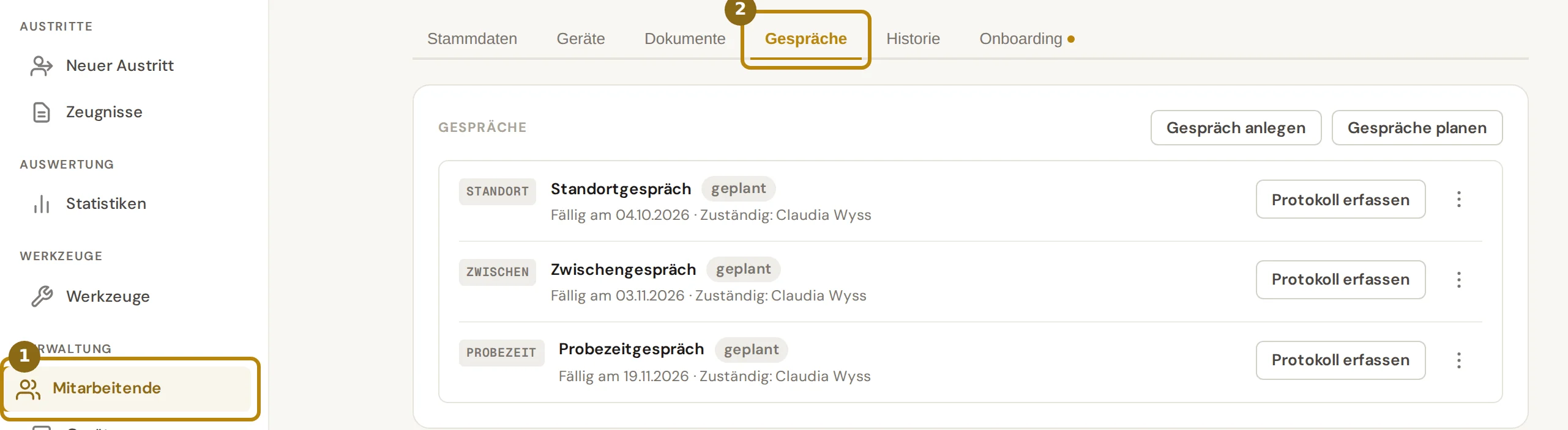 Seitenleiste mit dem Eintrag Mitarbeitende und die Reiter der Personalakte, markiert sind der Eintrag und der Reiter Gespräche
