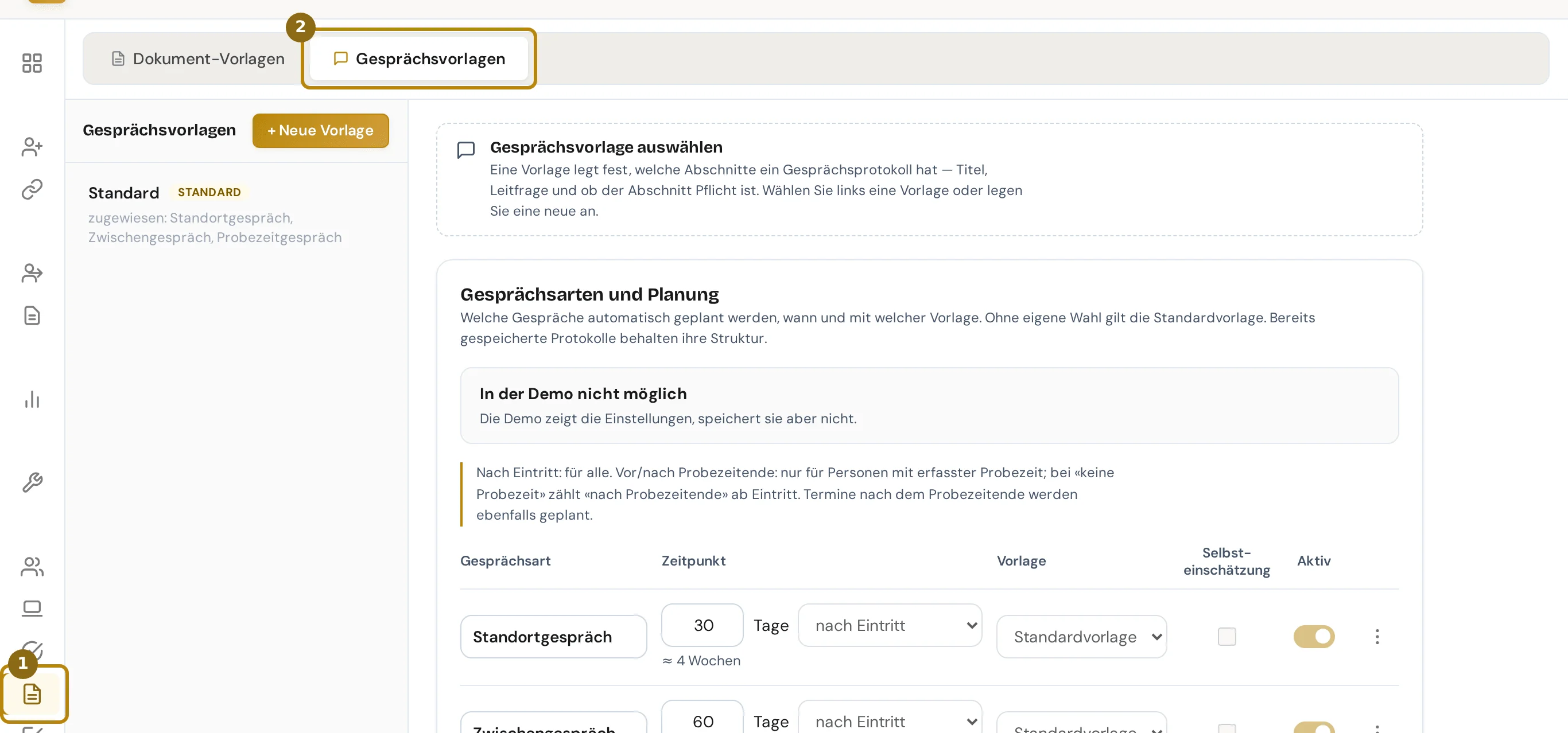 Seitenleiste mit dem Eintrag Templates und die Reiterleiste der Seite, markiert sind der Eintrag und der Reiter Gesprächsvorlagen
