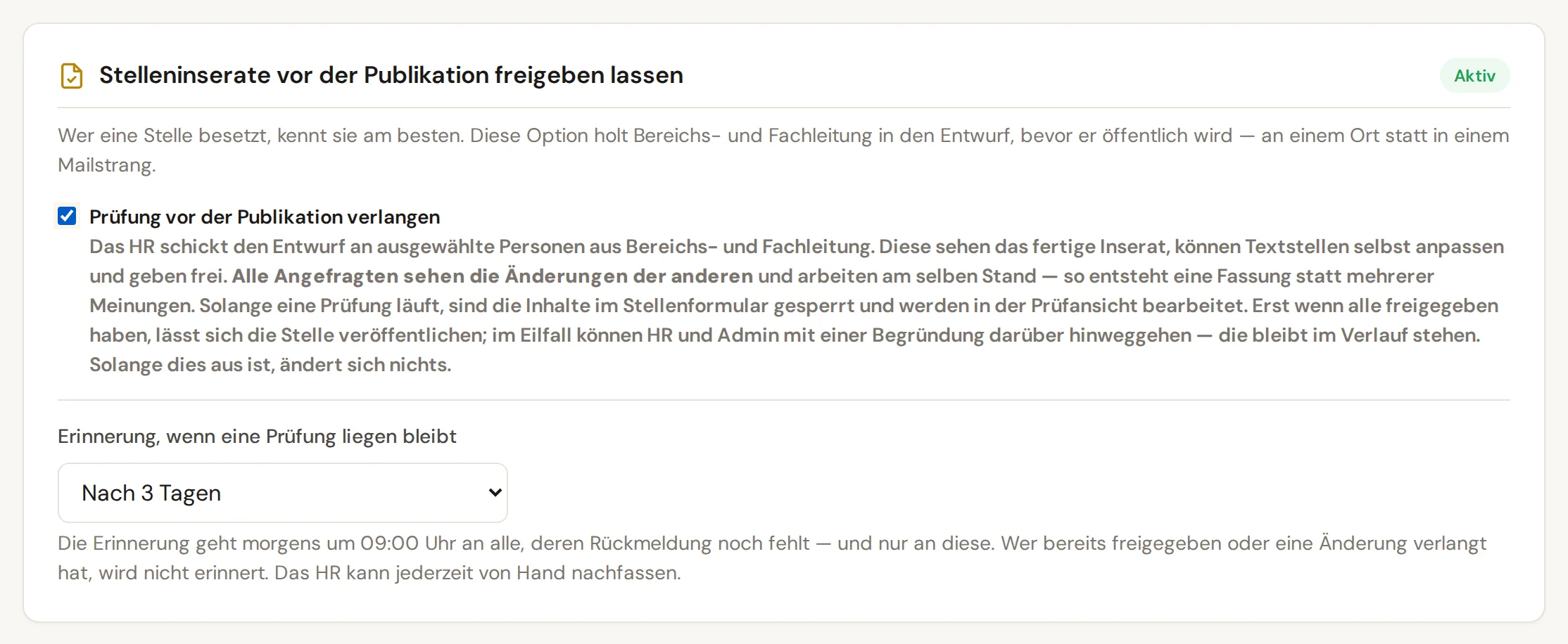 Karte Stelleninserate vor der Publikation freigeben lassen in den Einstellungen, eingeschaltet, mit der Auswahl für die Erinnerung