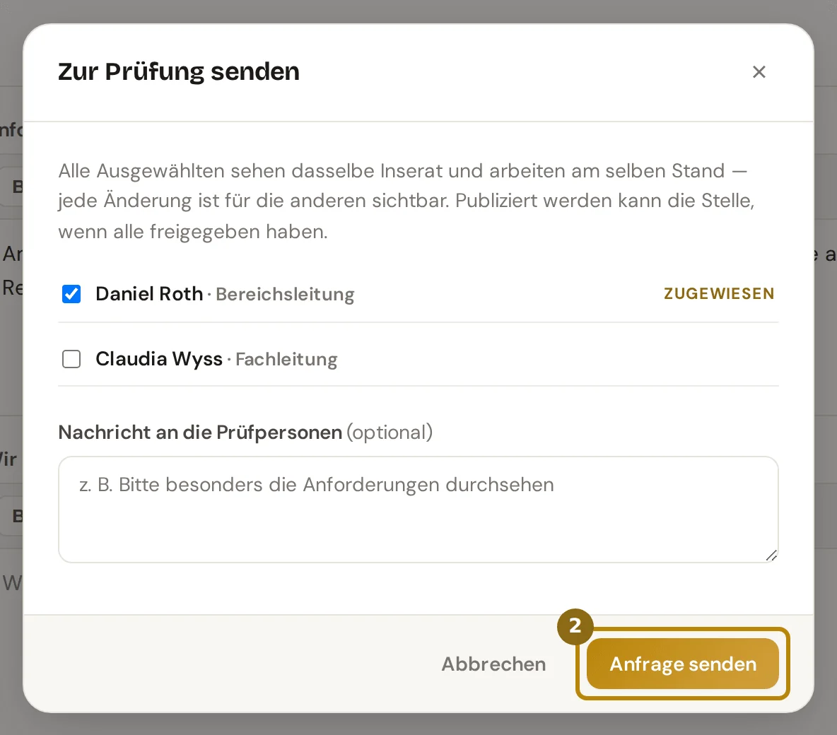 Fenster Zur Prüfung senden mit der Liste der Bereichs- und Fachleitungen, dem Feld für eine Nachricht und dem Knopf Anfrage senden