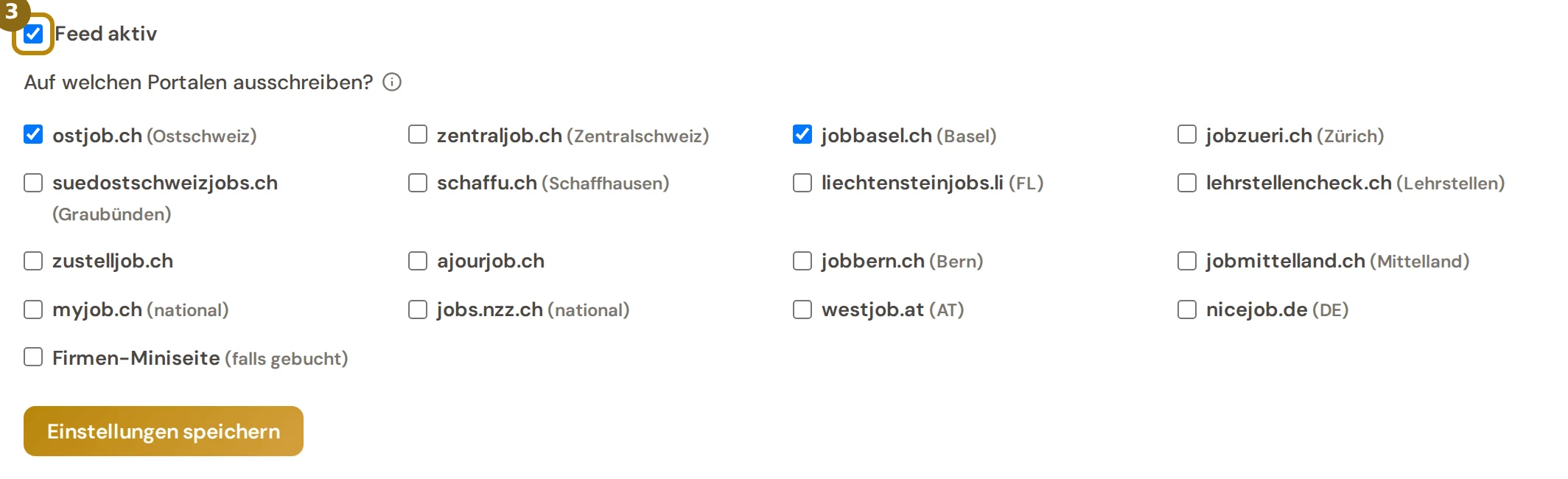 Karte CH-Media-Jobportale mit dem Häkchen Feed aktiv und der Auswahl der Portale, markiert ist das Häkchen Feed aktiv