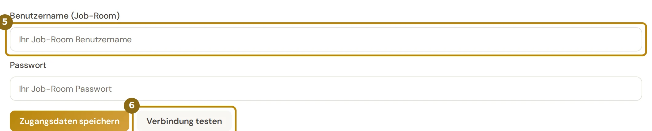 Karte Job-Room (SECO) mit den leeren Feldern Benutzername und Passwort, markiert sind das Feld Benutzername und der Knopf Verbindung testen