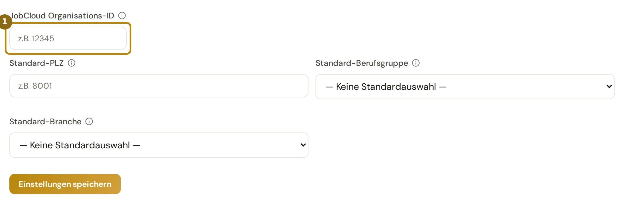Karte Jobs.ch (JobCloud) mit den leeren Feldern Organisations-ID, Standard-PLZ, Standard-Berufsgruppe und Standard-Branche, markiert ist das Feld JobCloud Organisations-ID
