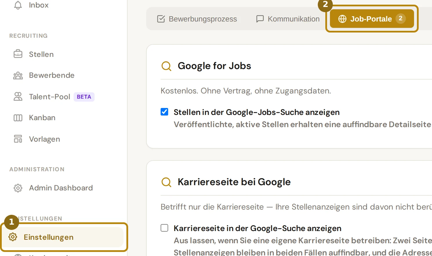 Seitenleiste des Recruitings mit dem Eintrag Einstellungen und die Reiter der Einstellungen, markiert sind der Eintrag Einstellungen und der Reiter Job-Portale