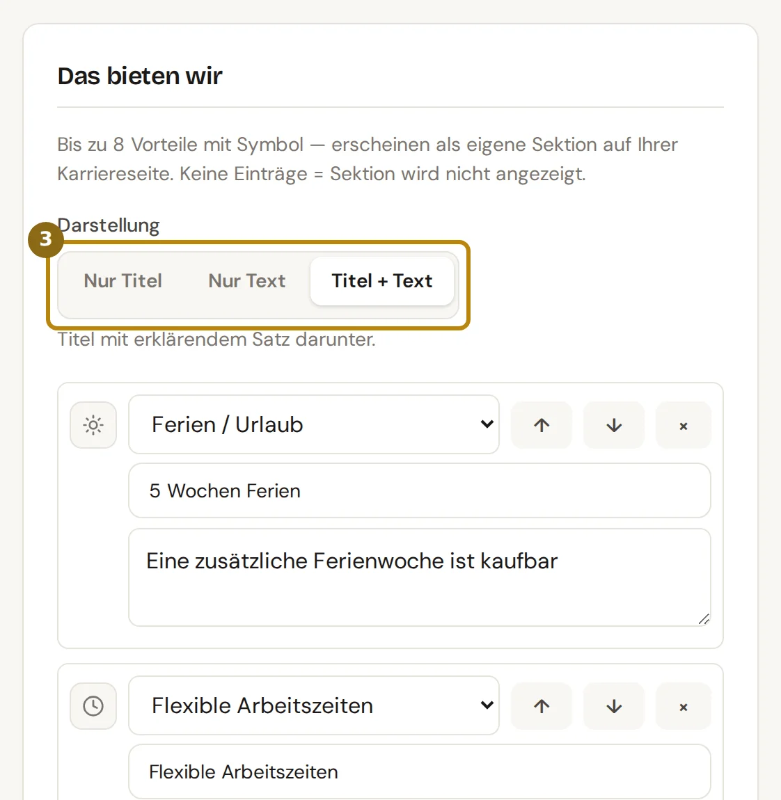 Karte Das bieten wir mit der Wahl der Darstellung und der Liste der Vorteile mit Symbol, markiert ist die Darstellung