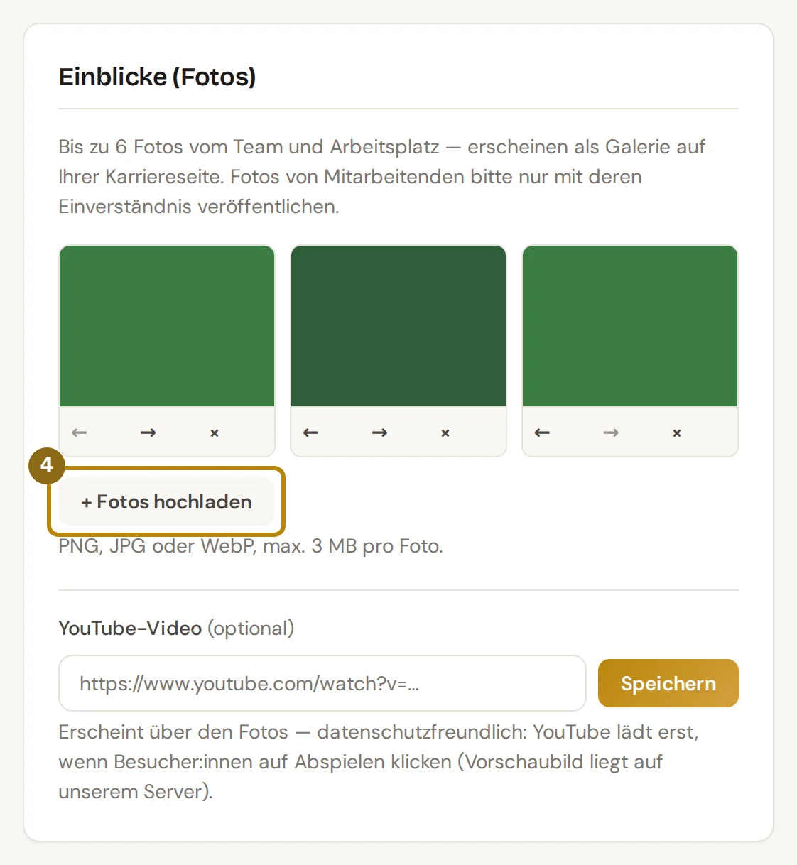 Karte Einblicke mit den hochgeladenen Fotos und dem Feld YouTube-Video, markiert ist der Knopf Fotos hochladen