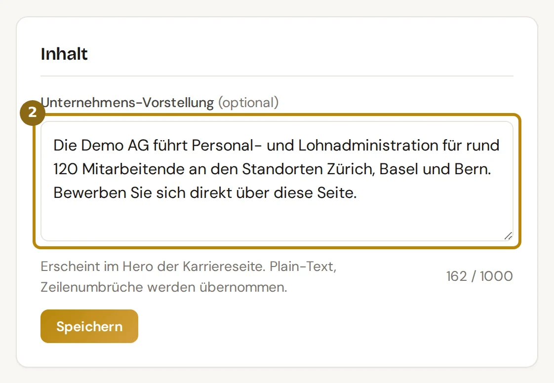 Karte Inhalt mit dem Feld Unternehmens-Vorstellung, Zeichenzähler und Knopf Speichern, markiert ist das Textfeld