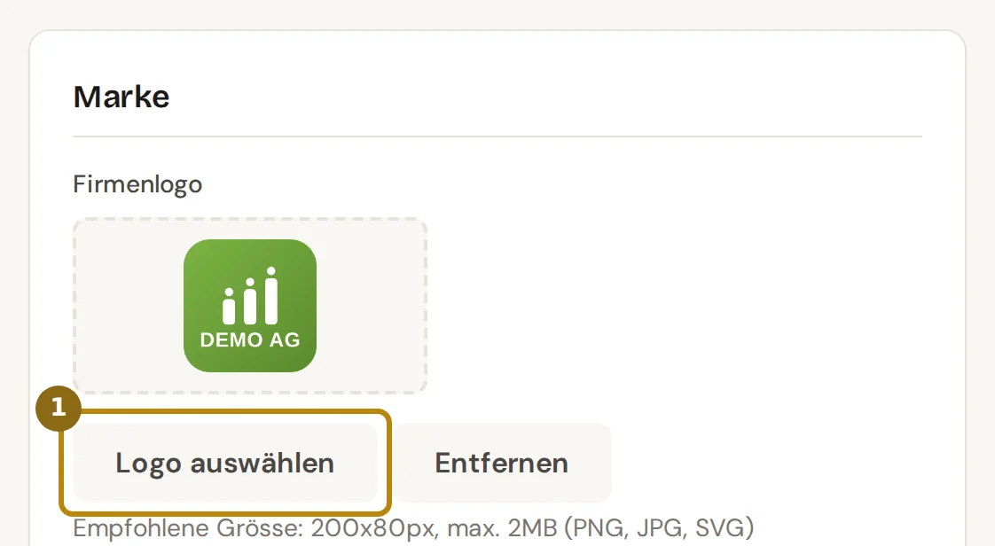 Karte Marke mit dem hinterlegten Firmenlogo und den Knöpfen Logo auswählen und Entfernen, markiert ist Logo auswählen