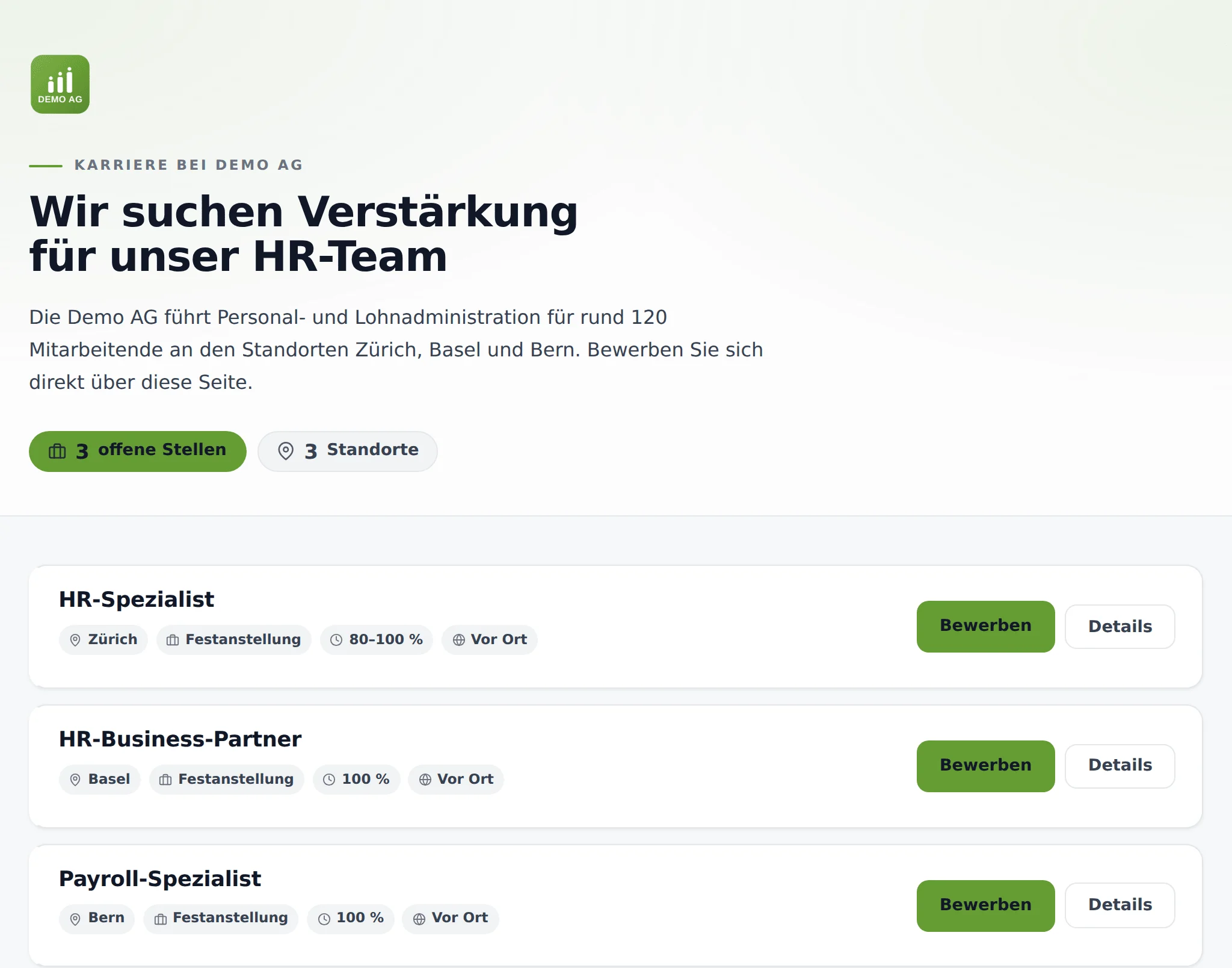 Öffentliche Karriereseite der Demo AG mit Titel, Vorstellung und den offenen Stellen