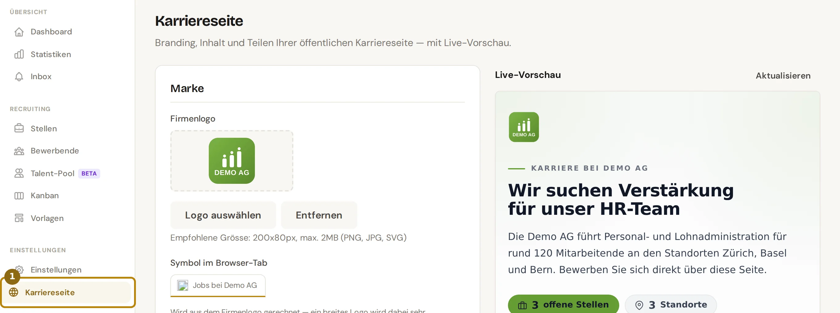 Seitenleiste des Recruitings mit dem Eintrag Karriereseite und der Kopf der Seite, markiert ist der Eintrag