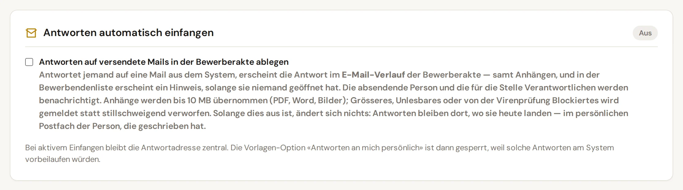 Karte Antworten automatisch einfangen im Reiter Kommunikation der Einstellungen mit dem Häkchen Antworten auf versendete Mails in der Bewerberakte ablegen