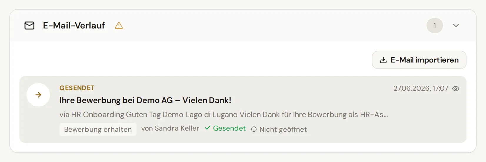 Abschnitt E-Mail-Verlauf der Bewerberakte mit dem Knopf E-Mail importieren und einer versendeten Nachricht