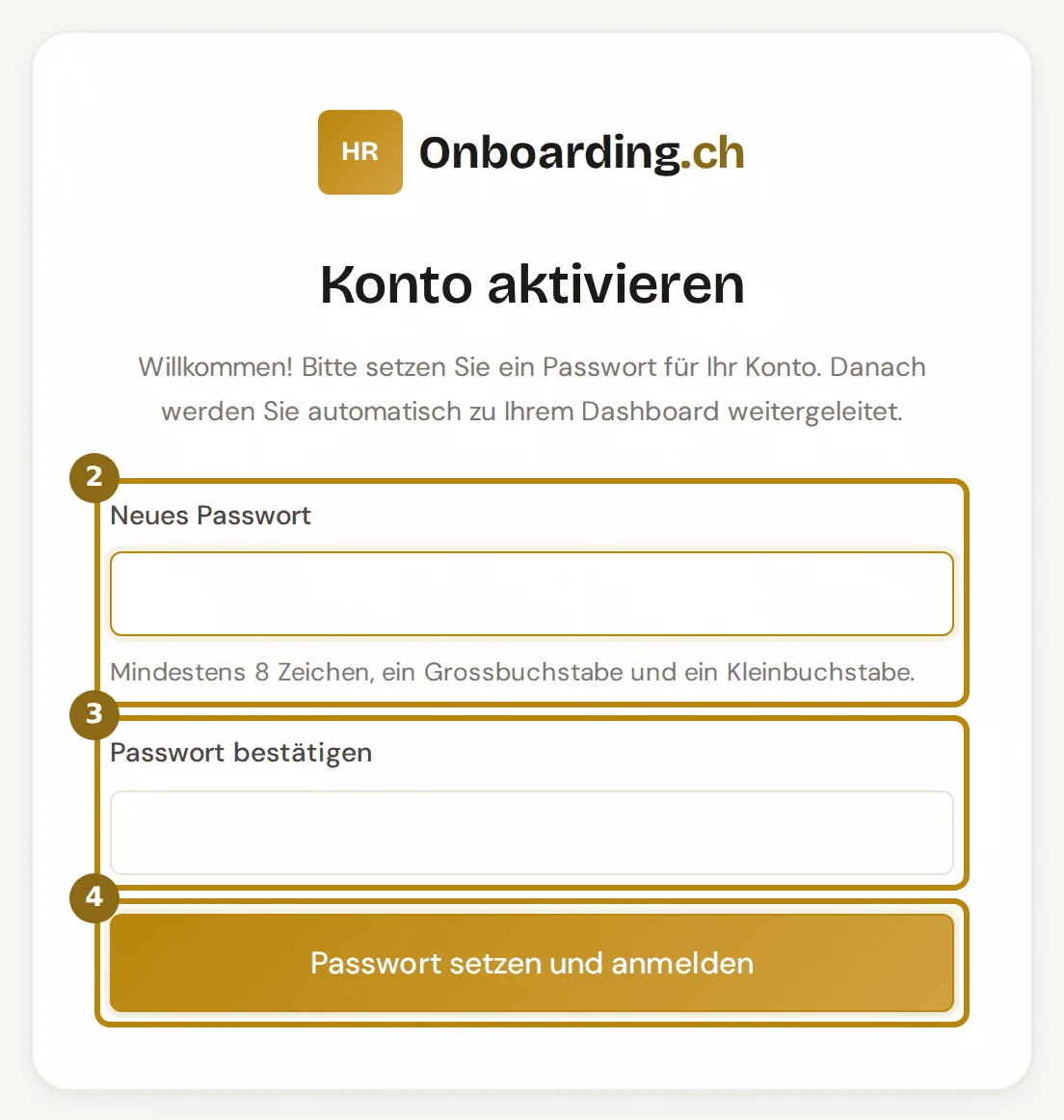Seite Konto aktivieren, markiert sind die Felder Neues Passwort und Passwort bestätigen sowie der Knopf zum Setzen des Passworts