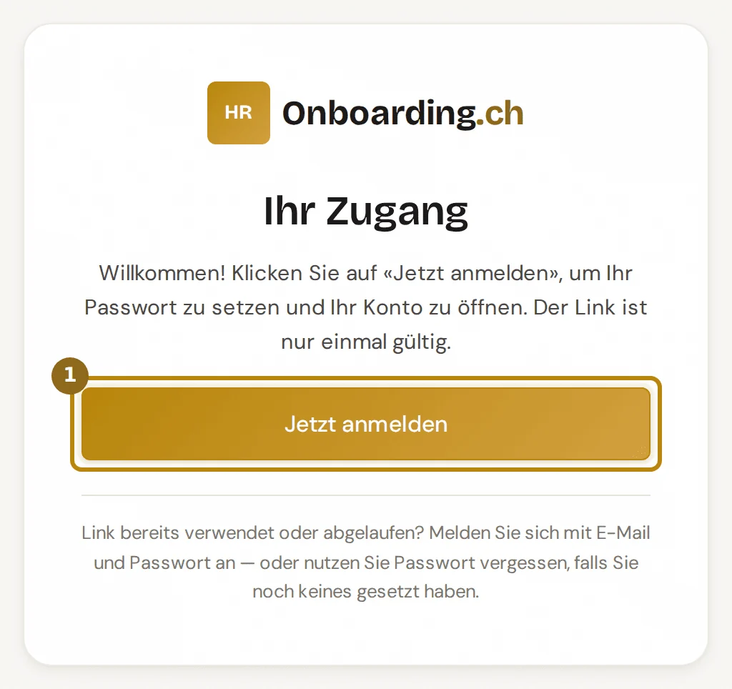 Seite Ihr Zugang nach dem Klick in der Einladung, markiert ist der Knopf Jetzt anmelden