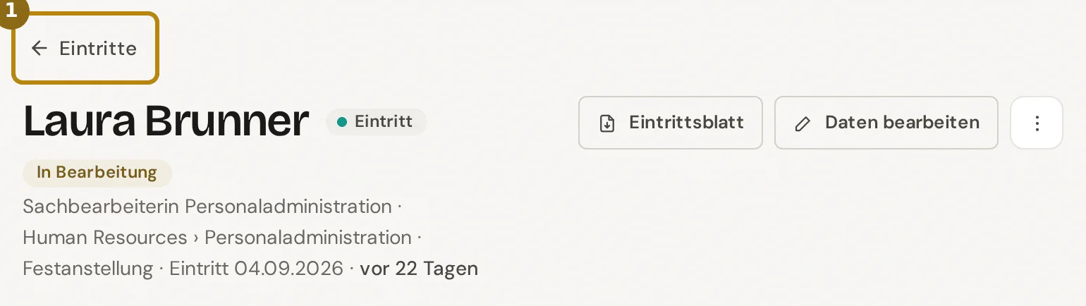 Kopf einer Checkliste mit Name, Marke Eintritt, Status In Bearbeitung und Unterzeile, markiert ist der Rückweg Eintritte