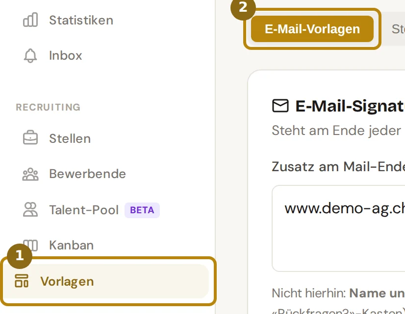 Seitenleiste des Recruitings mit dem Eintrag Vorlagen und die Reiter der Seite Vorlagen, markiert sind der Eintrag Vorlagen und der Reiter E-Mail-Vorlagen