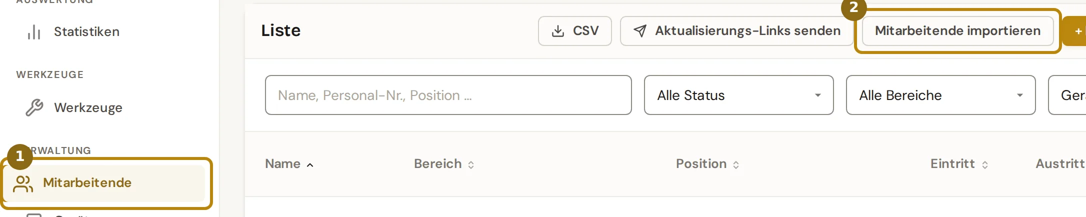 Seitenleiste mit dem Eintrag Mitarbeitende und oben in der Liste der Knopf Mitarbeitende importieren, beide markiert