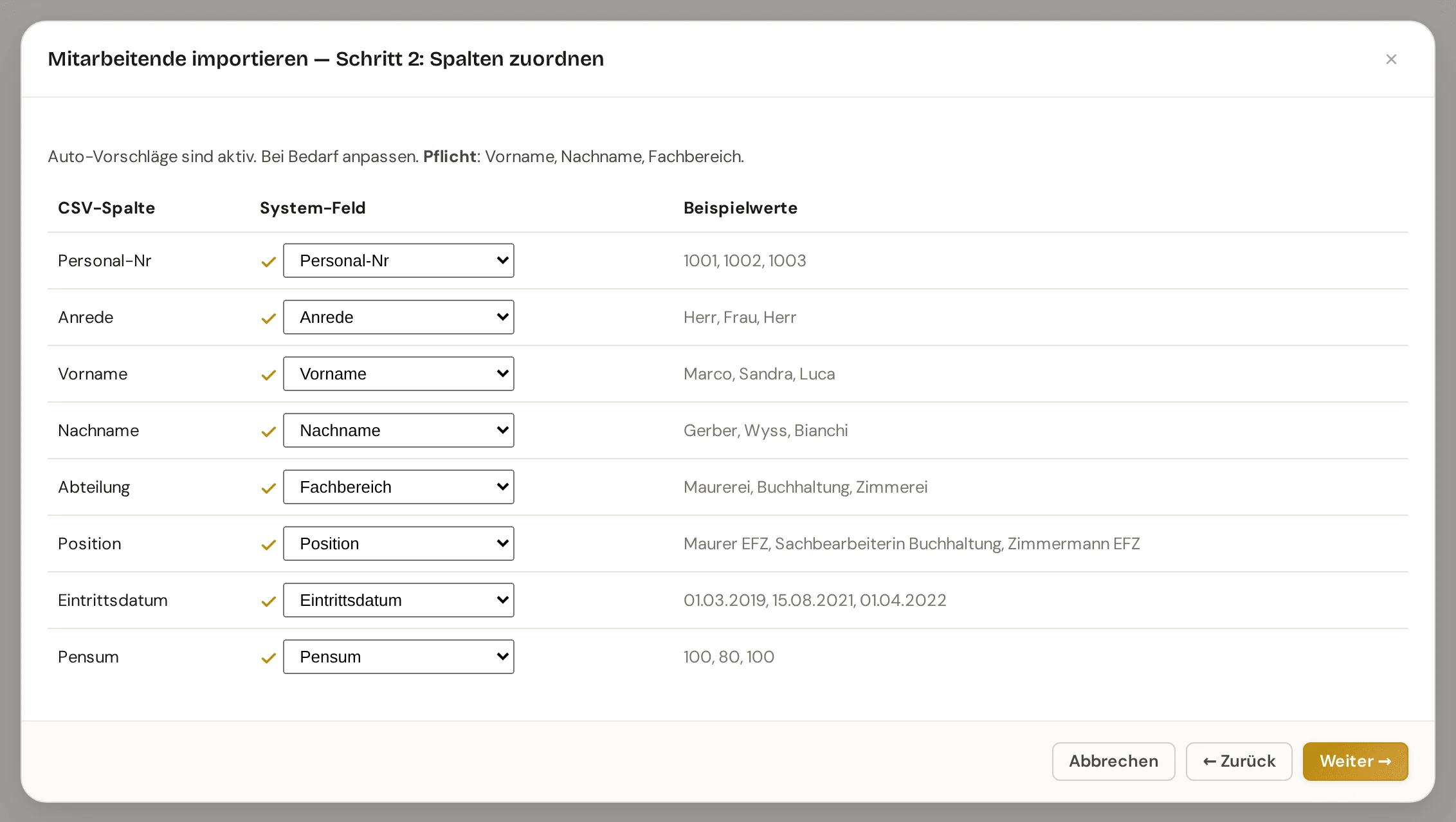 Schritt Spalten zuordnen mit den Spalten der Datei, dem vorgeschlagenen Feld der Anwendung und Beispielwerten aus der Datei