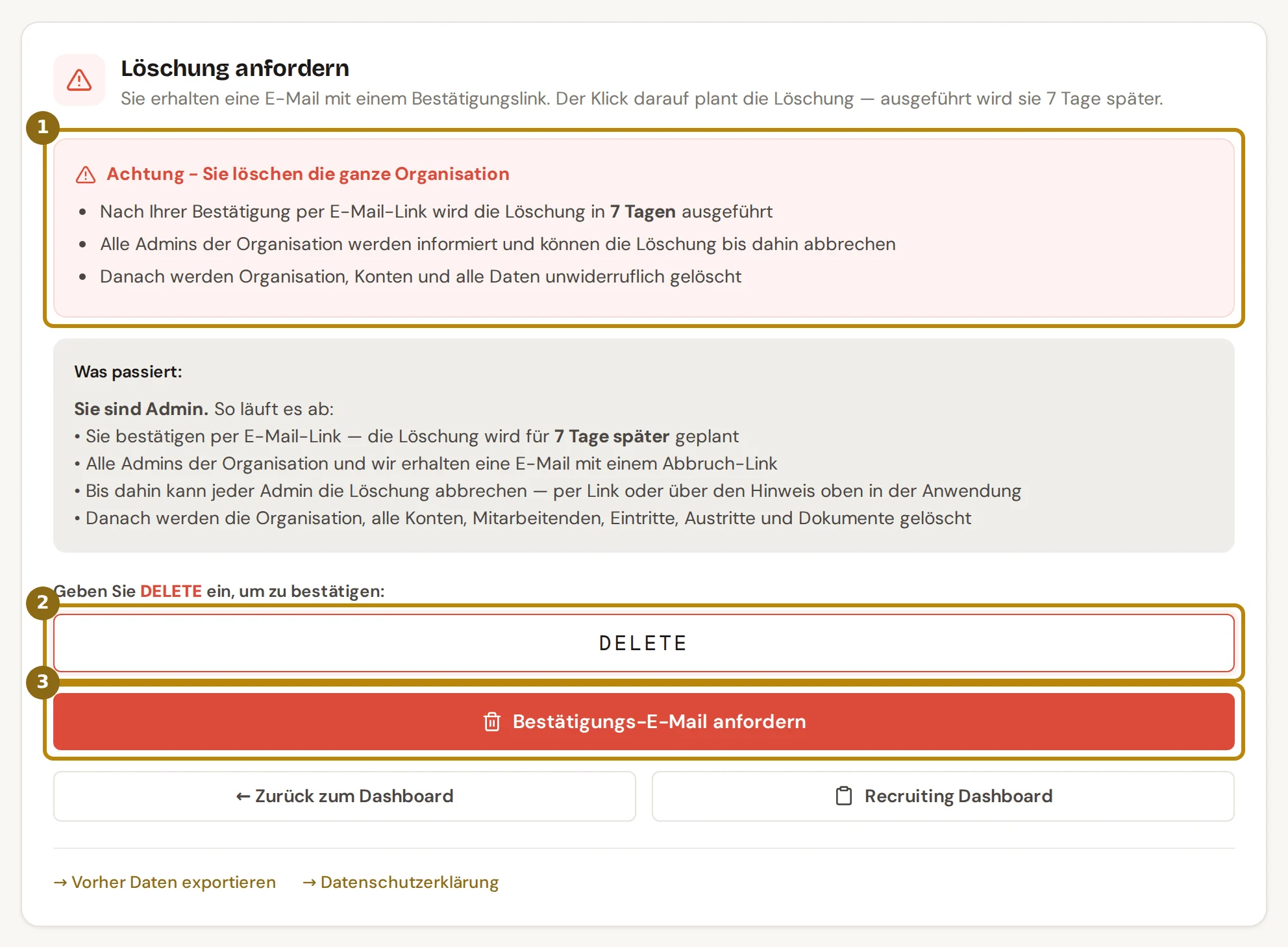 Seite Account löschen mit dem Kasten zur Löschung der ganzen Organisation, dem Feld mit DELETE und dem Knopf Bestätigungs-E-Mail anfordern, alle drei markiert