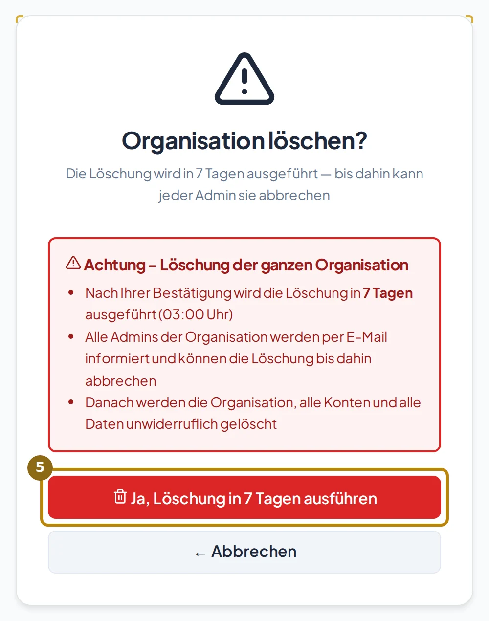 Seite Organisation löschen mit dem Hinweis auf die sieben Tage, markiert ist der Knopf Ja, Löschung in 7 Tagen ausführen