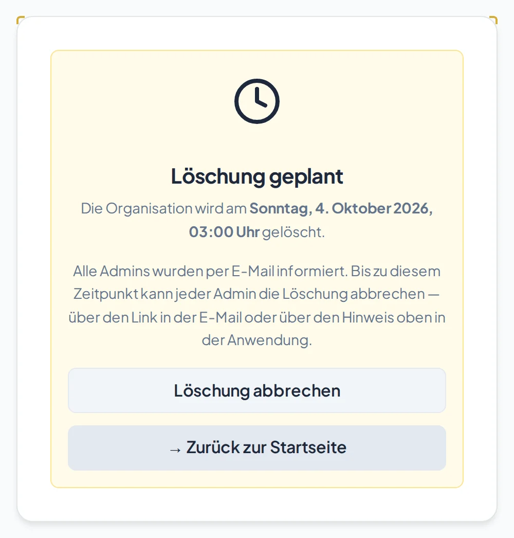 Seite Löschung geplant mit dem Datum, an dem gelöscht wird, und dem Knopf Löschung abbrechen