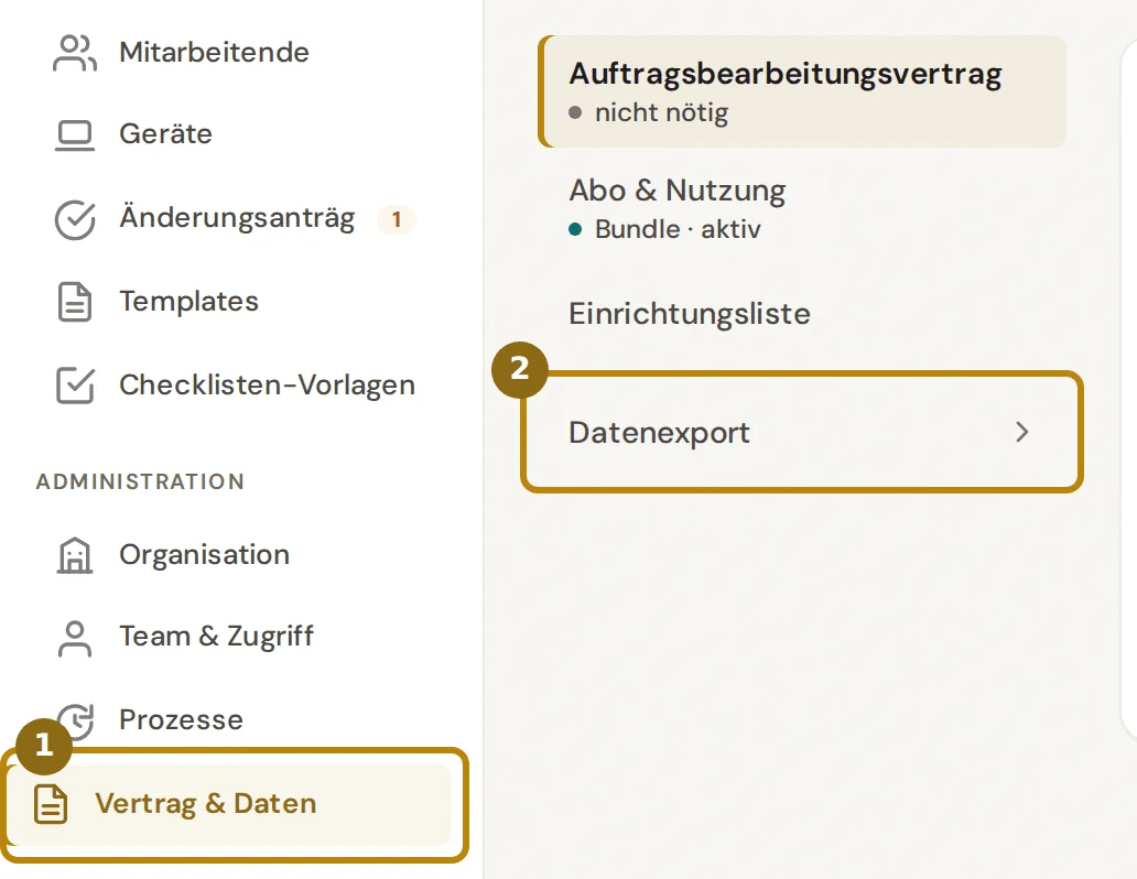 Seitenleiste mit dem Eintrag Vertrag und Daten und die Abschnittsliste der Gruppe, markiert sind der Eintrag und der Link Datenexport