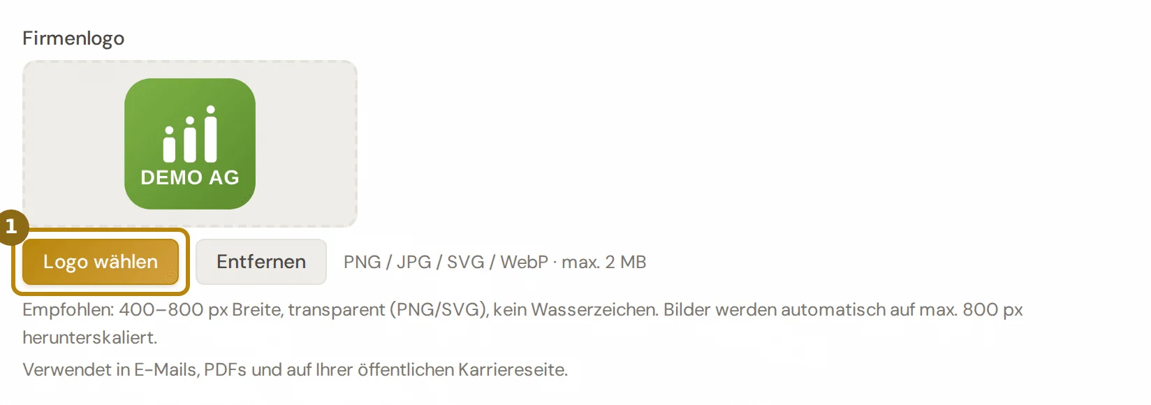 Feld Firmenlogo mit dem hinterlegten Logo der Demo AG, markiert ist der Knopf Logo wählen