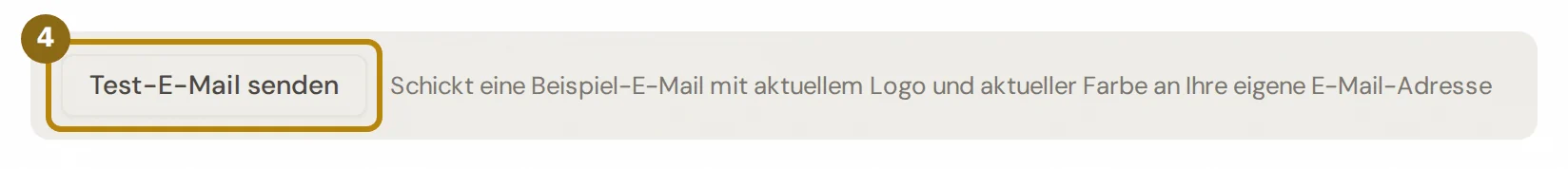 Knopf Test-E-Mail senden und darunter die Vorschau des Mailkopfs mit Logo und Farbe, markiert ist der Knopf