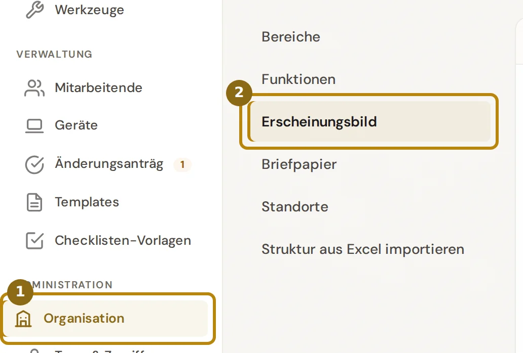 Seitenleiste und Abschnittsliste der Administration, markiert sind der Eintrag Organisation und der Abschnitt Erscheinungsbild