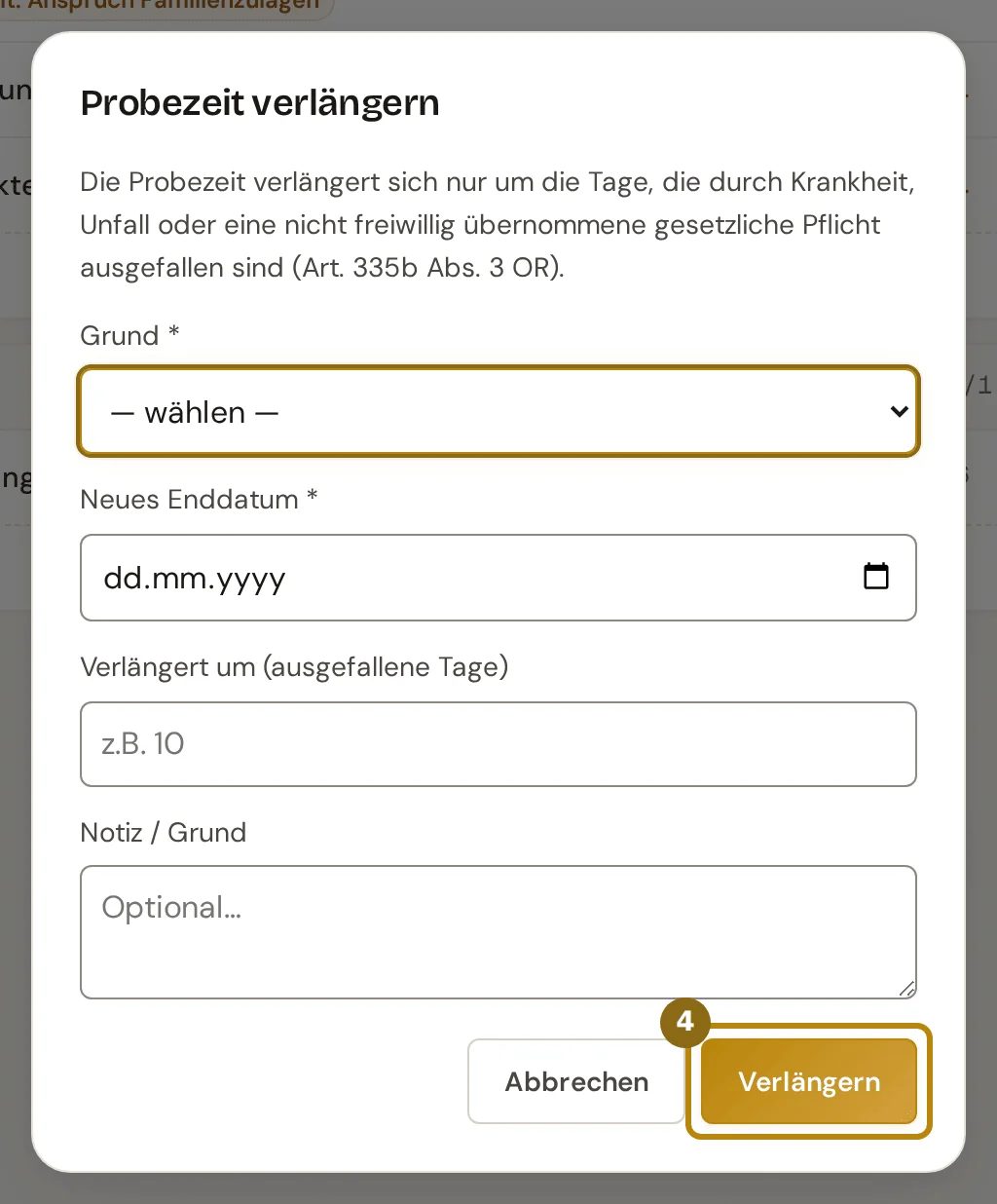 Dialog Probezeit verlängern mit Grund, neuem Enddatum und ausgefallenen Tagen, markiert ist der Knopf Verlängern