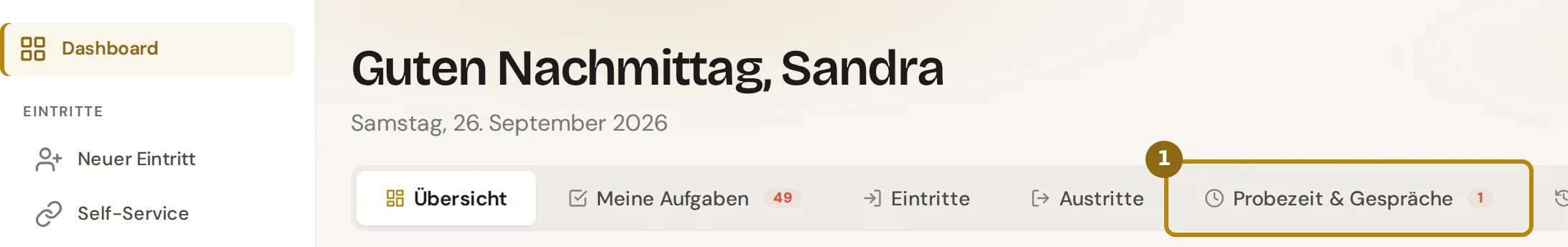Seitenleiste mit dem Eintrag Dashboard und die Reiterleiste des HR-Dashboards, markiert ist der Reiter Probezeit und Gespräche