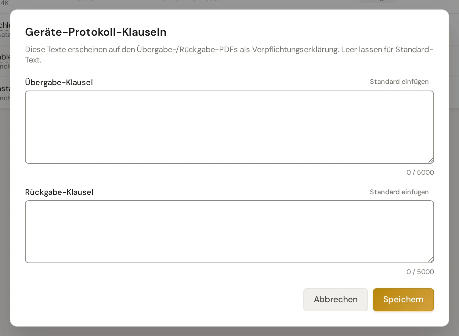 Fenster Geräte-Protokoll-Klauseln mit den Feldern Übergabe-Klausel und Rückgabe-Klausel und je einem Knopf Standard einfügen