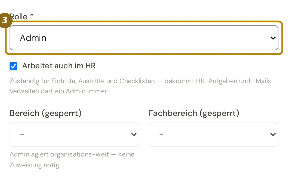 Dialog Benutzer bearbeiten mit der Auswahl Rolle und den Feldern Bereich und Fachbereich, markiert ist die Rolle