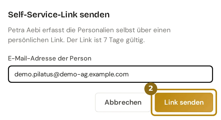 Dialog Self-Service-Link senden mit dem Feld E-Mail-Adresse der Person, markiert ist der Knopf Link senden