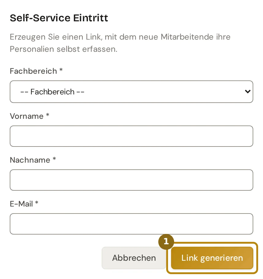 Dialog Self-Service Eintritt im HR-Dashboard mit Fachbereich, Anstellungsart, Vorname, Nachname und E-Mail, markiert ist der Knopf Link generieren
