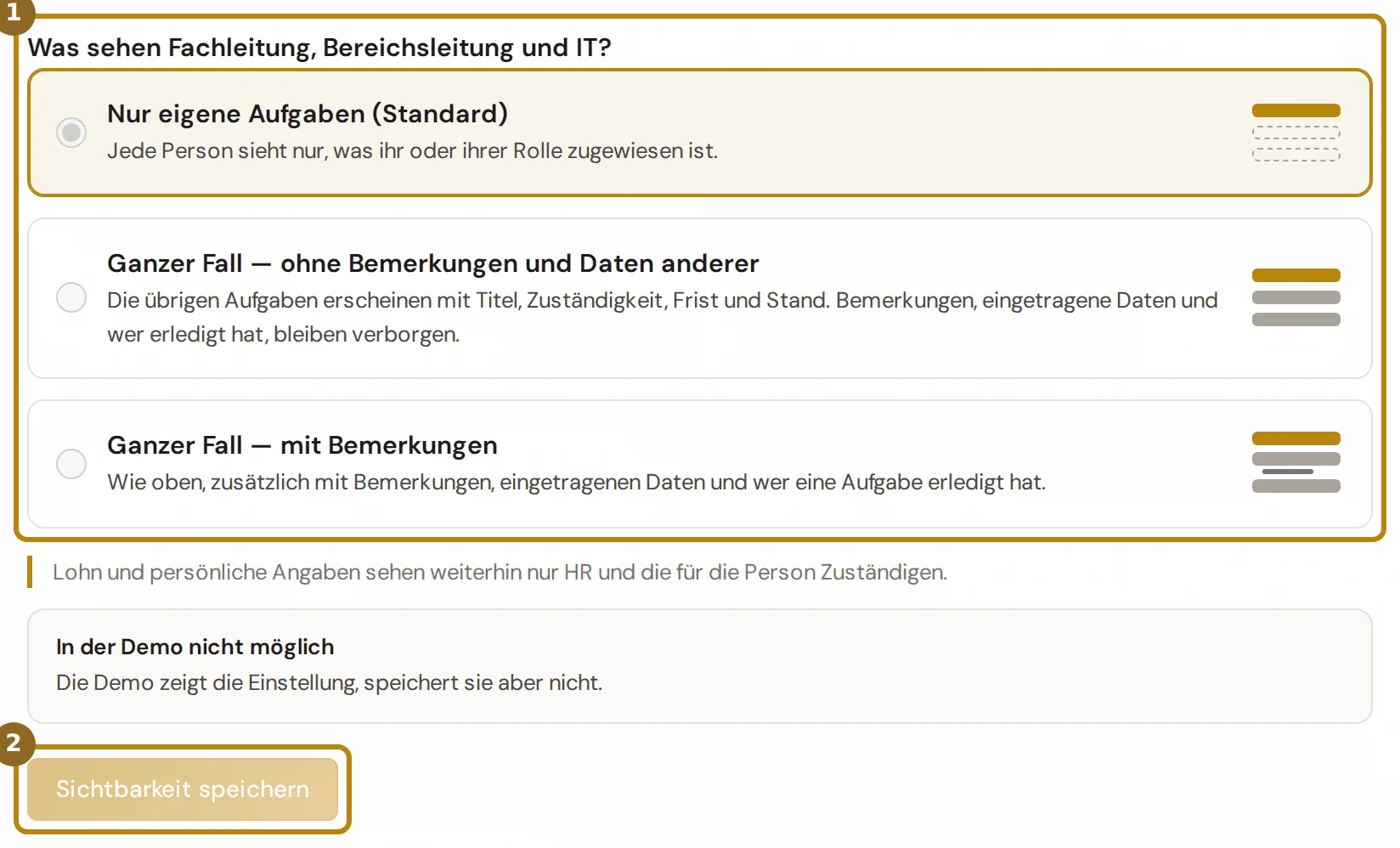 Drei Wahlkarten für die Sichtbarkeit, gewählt ist Nur eigene Aufgaben, darunter der Knopf Sichtbarkeit speichern, markiert sind die Karten und der Knopf