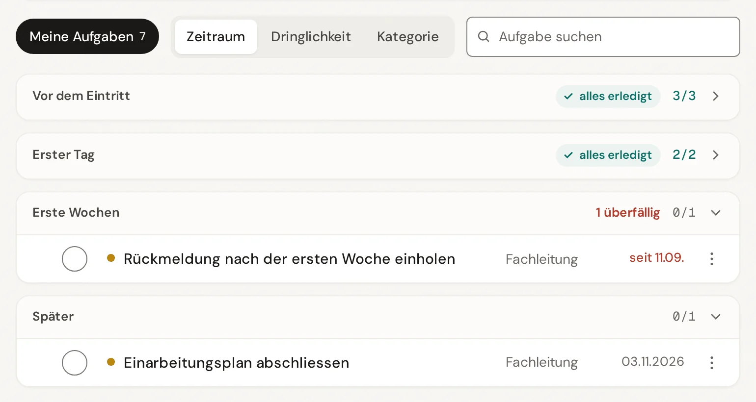 Checkliste aus Sicht einer Fachleitung mit dem Filter Meine Aufgaben und nur den eigenen Aufgaben