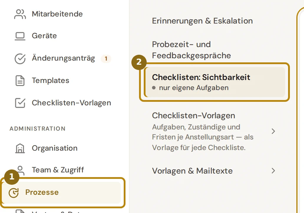 Seitenleiste mit dem Eintrag Prozesse und die Abschnittsliste der Gruppe Prozesse, markiert sind der Eintrag und der Abschnitt Checklisten Sichtbarkeit
