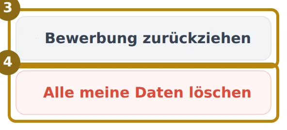 Knöpfe Bewerbung zurückziehen und Alle meine Daten löschen am Ende des Statusportals, markiert sind beide