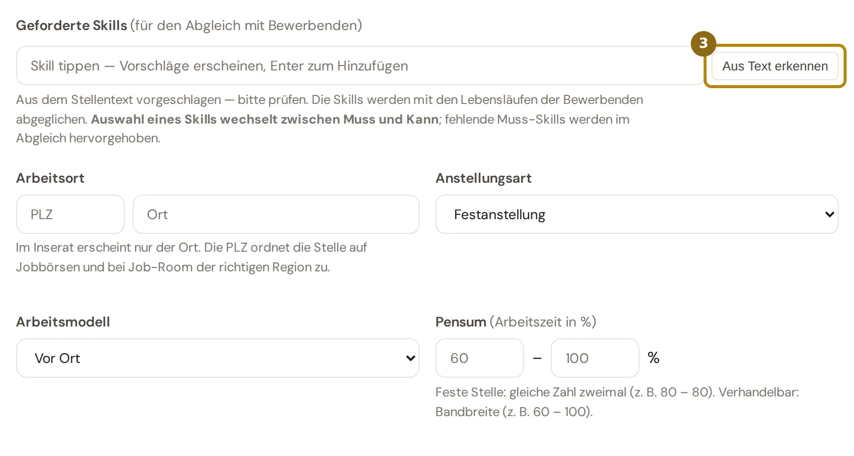 Feld Geforderte Skills mit dem Knopf Aus Text erkennen, darunter Arbeitsort, Anstellungsart, Arbeitsmodell und Pensum, markiert ist der Knopf